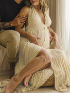 Solid Color Cut Out V-neck Side Slit Backless Tassel Halter Neck Vacation Photoshoot Maternity Maxi Dress for Maternity