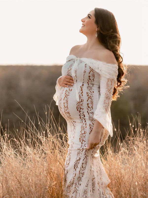White Off Shoulder Lace Bandeau Tie Front Mermaid Bandage Going Out Photoshoot Maternity Maxi Dress for Maternity