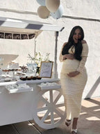 Beige Lace Off Shoulder Ruffle Falbala Bodycon Elegant Maternity Baby Shower Maxi Dress for Maternity