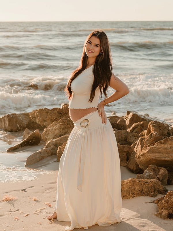 Khaki Oblique Shoulder Smocked Lace Up Two Piece Maternity Photoshoot Maxi Dress for Maternity