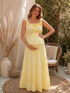Fashion Yellow A-line Falbala Shirring Two Piece Photoshoot Maternity Maxi Dress for Maternity