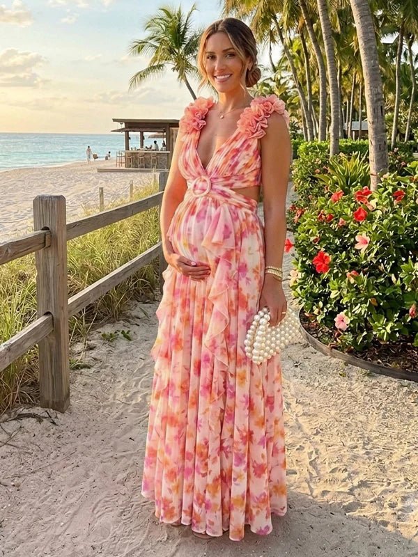Orange 3d Flower Ruched Ruffle Floral Mesh Lace-up Backless Vacation Photoshot Maternity Maxi Dress for Maternity