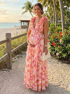 Orange 3d Flower Ruched Ruffle Floral Mesh Lace-up Backless Vacation Photoshot Maternity Maxi Dress for Maternity