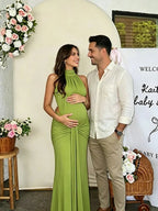 Ruched Bowknot Draped High Neck Backless Bodycon Elegant Maternity Baby Shower Maxi Dress for Maternity