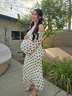 White Off Shoulder Olive Green Polka Dot Bodycon Boho Photoshoot Baby Shower Maternity Maxi Dress for Maternity