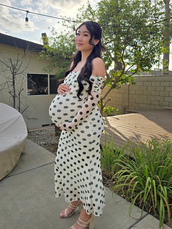 White Off Shoulder Olive Green Polka Dot Bodycon Boho Photoshoot Baby Shower Maternity Maxi Dress for Maternity