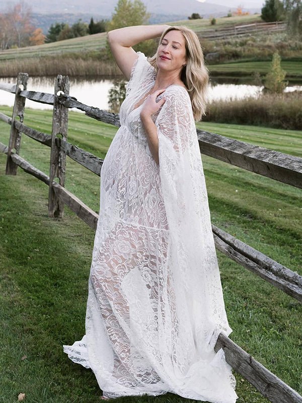 Floral Lace Backless Boho Baby Shower Flare Sleeve Pregnant Maternity Photoshoot Maxi Dress for Maternity