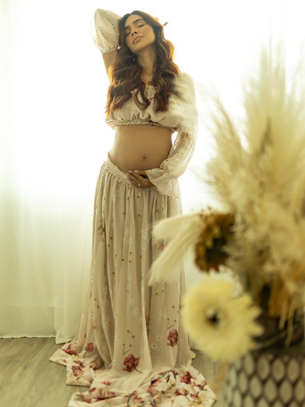 Two Piece Boho Flower Printing Off Shoulder Chiffon Crop Bandeau Photoshoot Maternity Maxi Dress for Maternity