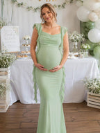 Elegant Green Backless Ruched Falbala Side Draped Maternity Baby Shower Maxi Dress for Maternity