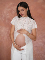 Chic White Side Slit Lace Photoshoot Vacation Two Piece Maternity Top Pant for Maternity
