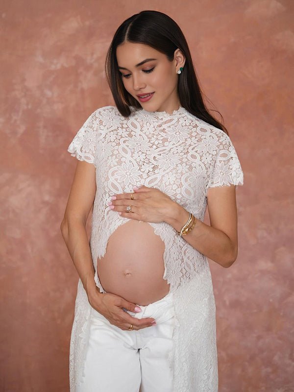 Chic White Side Slit Lace Photoshoot Vacation Two Piece Maternity Top Pant for Maternity