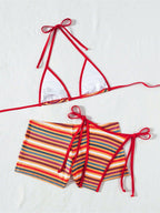 Rainbow Striped Tie Up Boy Shorts Beach Photoshoot 3 Piece Bikini Maternity Swimsuit for Maternity
