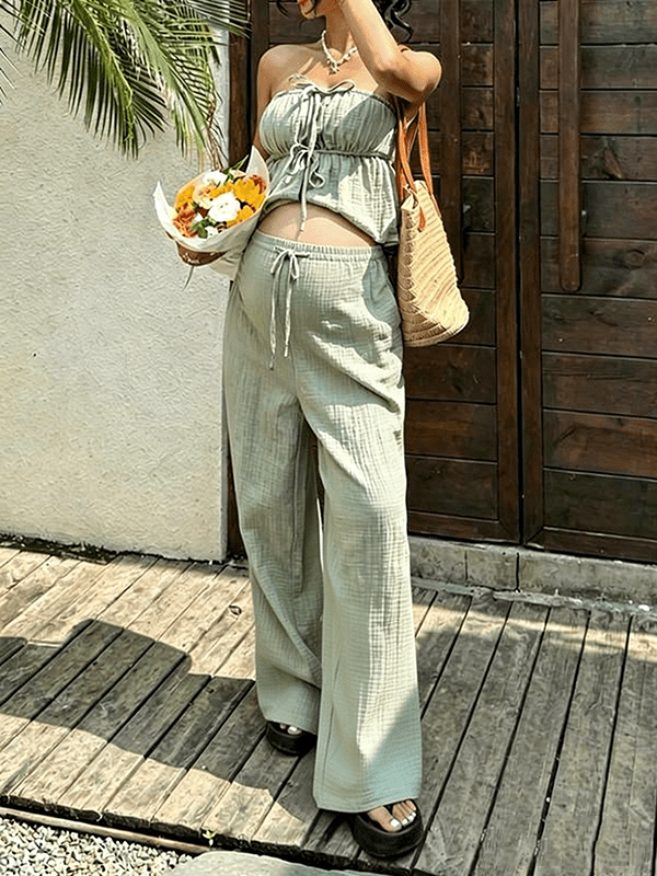 Boho Green Two Piece Lace Up Side Slit Bandeau Peplum Vacation Maternity Strapless Top Wide Leg Pant for Maternity