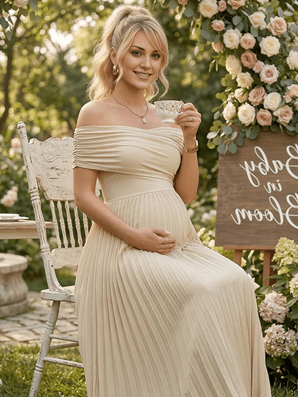 Apricot Off Shoulder Cross Chest Pleated Big Swing Maternity Maxi Dress for Maternity