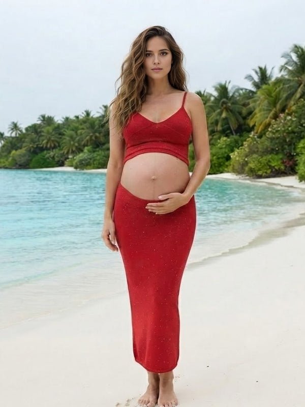 Sequin Spaghetti Strap Ruched Two Piece Maternity Photoshoot Maxi Dress for Maternity