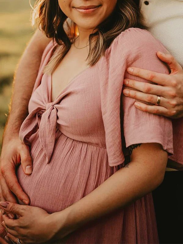 Bow Flutter Sleeve Solid V-neck Flowy Vacation Beach Cute Baby Shower Photoshoot Maternity Maxi Dress for Maternity