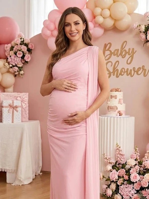 Chic Off Shoulder Side Draped Ribbons Mesh Bodycon Baby Shower Maternity Maxi Dress for Maternity