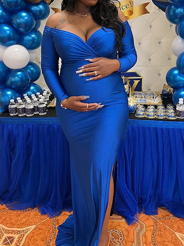 Blue Off Shoulder Long Sleeve High Split Bodycon Solid Baby Shower Party Gown Maternity Maxi Dress for Maternity