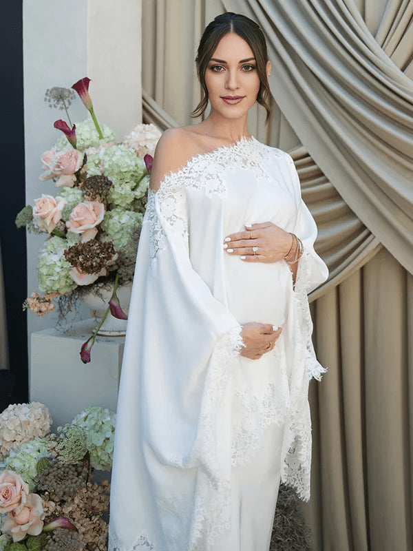 White Lace Ruffle One Shoulder Cape Two Piece Set Maternity Maxi Dress for Maternity
