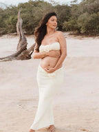 Beige Two Piece 3d Flowers Knit Backless Photoshoot Maternity Maxi Dress for Maternity