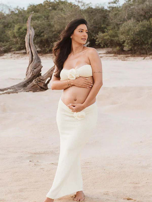 Beige Two Piece 3d Flowers Knit Backless Photoshoot Maternity Maxi Dress for Maternity