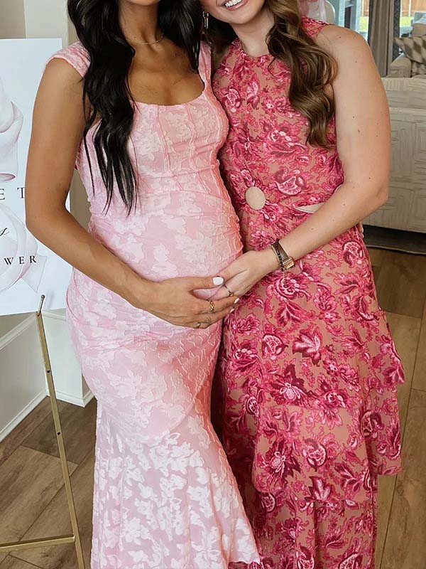 Pink Lace Ruched Corset High-low Tank Mermaid Elegant Cocktail Gown Maternity Baby Shower Maxi Dress for Maternity
