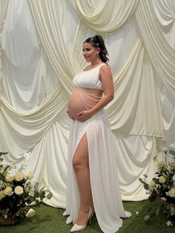 White Side Slit Ruched Two Piece Maternity Baby Shower Maxi Dress for Maternity