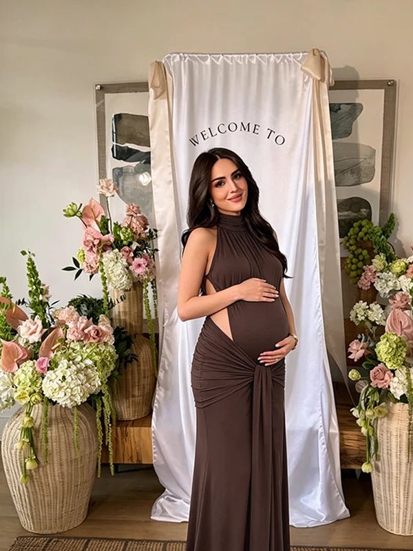 Ruched Bowknot Draped High Neck Backless Bodycon Elegant Maternity Baby Shower Maxi Dress for Maternity
