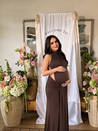 Ruched Bowknot Draped High Neck Backless Bodycon Elegant Maternity Baby Shower Maxi Dress for Maternity