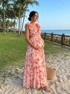 Orange 3d Flower Ruched Ruffle Floral Mesh Lace-up Backless Vacation Photoshot Maternity Maxi Dress for Maternity
