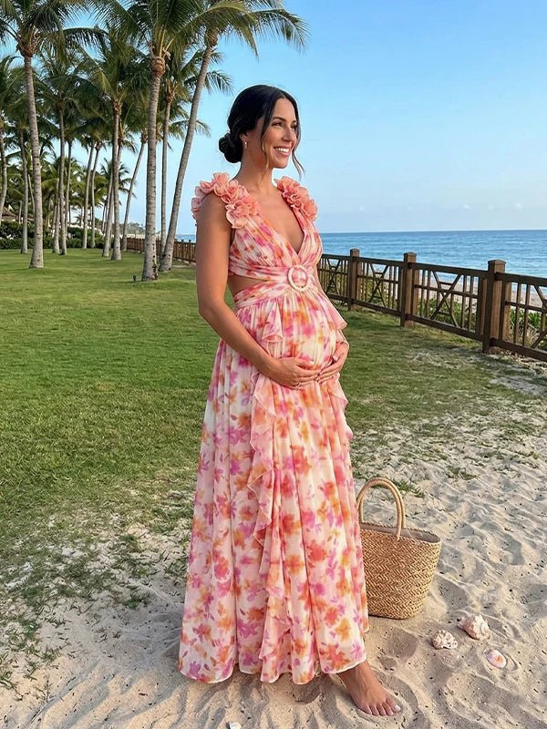 Orange 3d Flower Ruched Ruffle Floral Mesh Lace-up Backless Vacation Photoshot Maternity Maxi Dress for Maternity