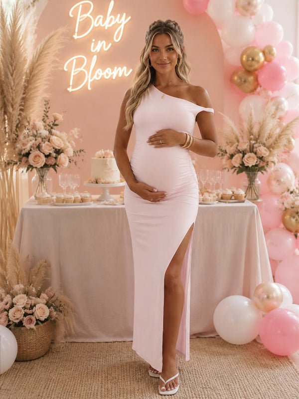 One Shoulder Ruched Side Slit Bodycon Maternity Maxi Dress for Maternity