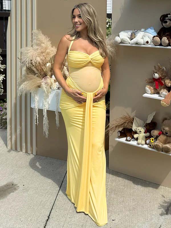 Mesh Ruched Draped Halter Neck Backless Maternity Maxi Dress for Maternity