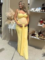 Mesh Ruched Draped Halter Neck Backless Maternity Maxi Dress for Maternity