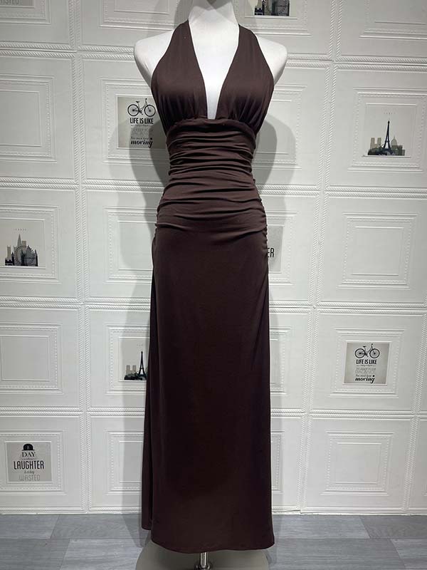 Pink Halter Neck Backless Ruched Tie Back Maternity Baby Shower Maxi Dress for Maternity