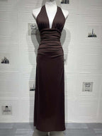 Pink Halter Neck Backless Ruched Tie Back Maternity Baby Shower Maxi Dress for Maternity