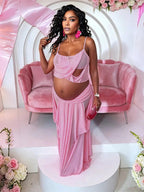 Spaghetti Straps Sheer Two Piece Irregular Tiered With Side Draped Maternity Baby Shower Maxi Dress for Maternity