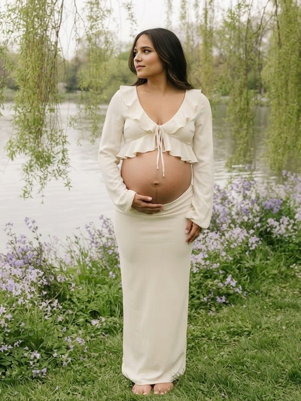 Ruffle Lace Up Two Piece Maternity Photoshoot Maxi Dress for Maternity