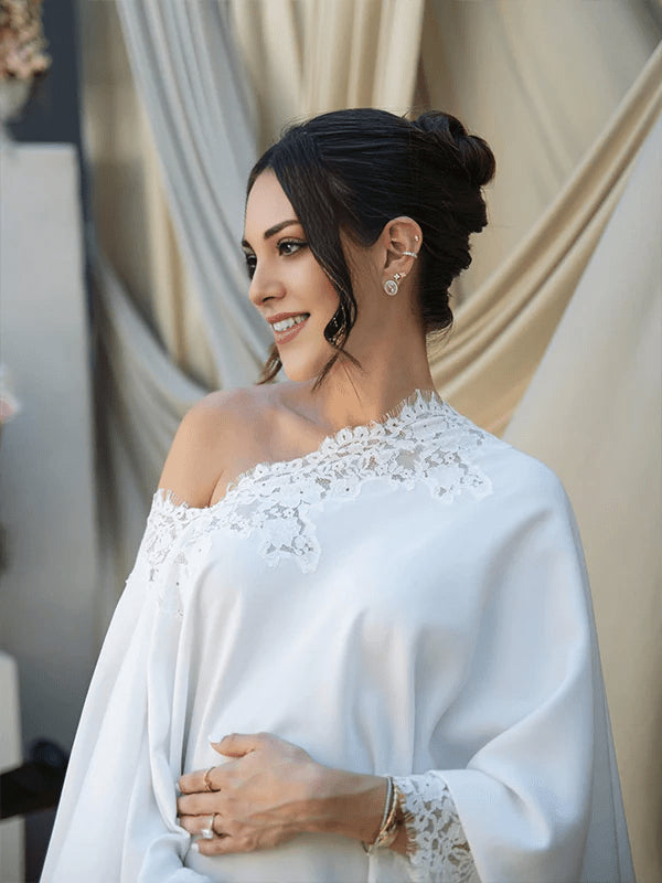 White Lace Ruffle One Shoulder Cape Two Piece Set Maternity Maxi Dress for Maternity