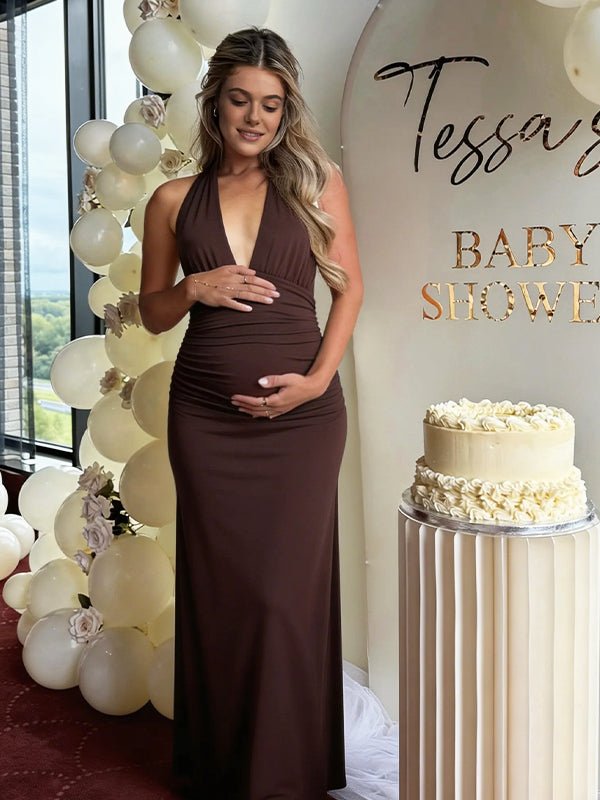 Pink Halter Neck Backless Ruched Tie Back Maternity Baby Shower Maxi Dress for Maternity