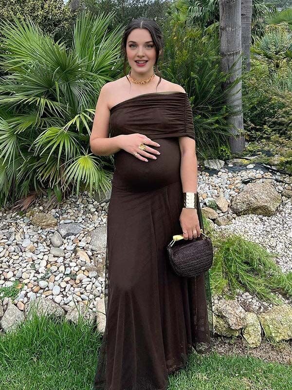 Chic Mesh Off Shoulder Draped Cocktail Maternity Maxi Dress for Maternity