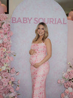 Elegant Pink Bodycon Grenadine Spaghetti Strap Ruffle Floral Baby Shower Maternity Maxi Dress for Maternity