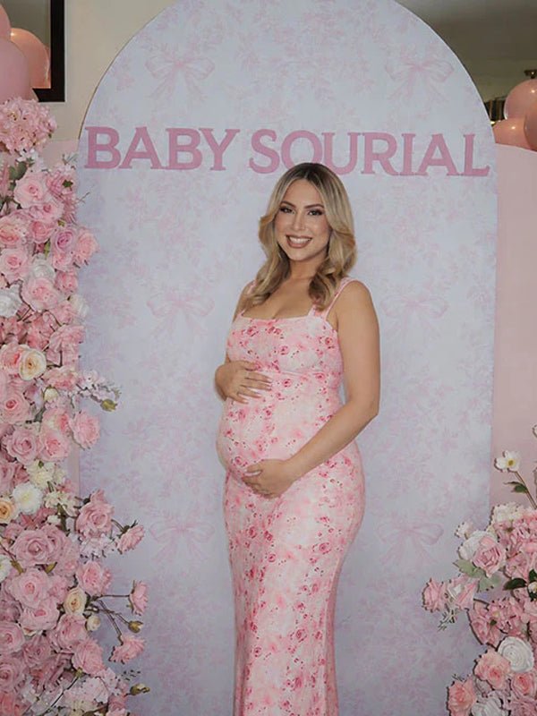 Elegant Pink Bodycon Grenadine Spaghetti Strap Ruffle Floral Baby Shower Maternity Maxi Dress for Maternity