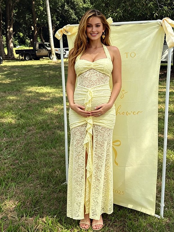 Halter Neck Ruffle Lace Side Slit Ruched Maternity Baby Shower Maxi Dress for Maternity