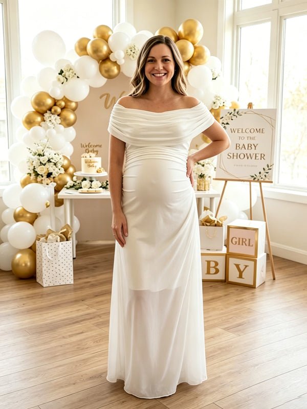 Dangling Collar Ruched Zipper Grenadine Maternity Baby Shower Maxi Dress for Maternity