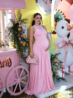 Round Neck Ruched Draped Curved Drop Waist Bodycon Baby Shower Maternity Maxi Dress for Maternity