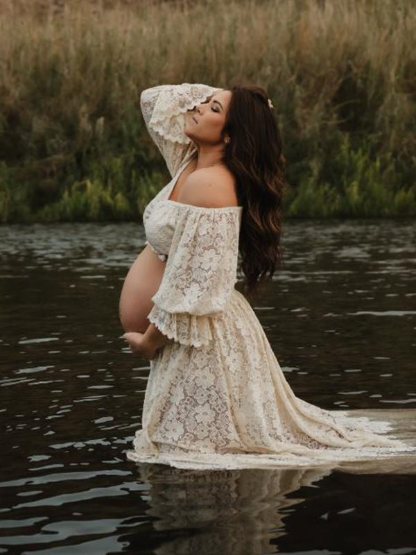 Boho Lace Off Shoulder Lace Tassel Crop Two Piece Side Slit Ruffle Photoshoot Maternity Maxi Dress for Maternity