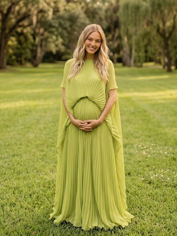 Light Green Pleated Batwing Sleeve Maternity Maxi Dress for Maternity