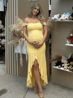 Off Shoulder Ruched Ruffle Falbala Side Slit Elegant Cocktail Gown Maternity Baby Shower Maxi Dress for Maternity