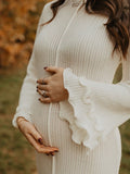 White Knit Pleated Tie Back Ruffle Falbala Frill Hem Backless Big Swing Elegant Cocktail Party Gown Maternity Photoshoot Baby Shower Maxi Dress for Maternity
